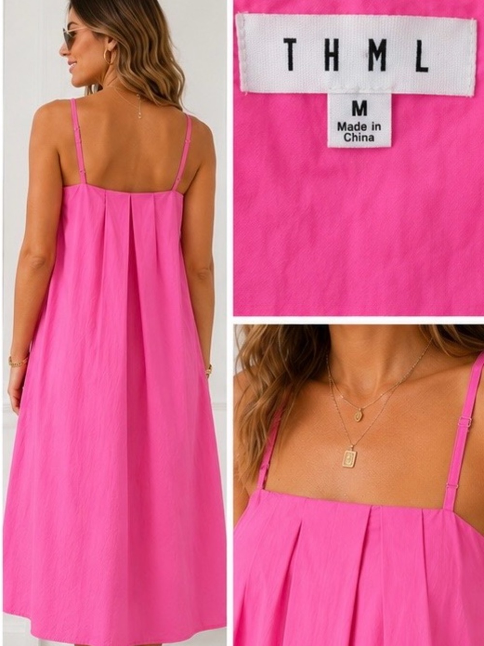 THML Hot Pink Pleated Poplin Midi Dress Size M Bubblegum Pink Sleeveless EUC - Picture 2 of 6